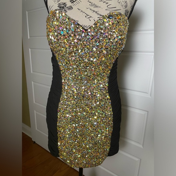 La Femme Rhinestone Jewel Rouched Strapless Black Mini Dress Style 16368 - Picture 3 of 10